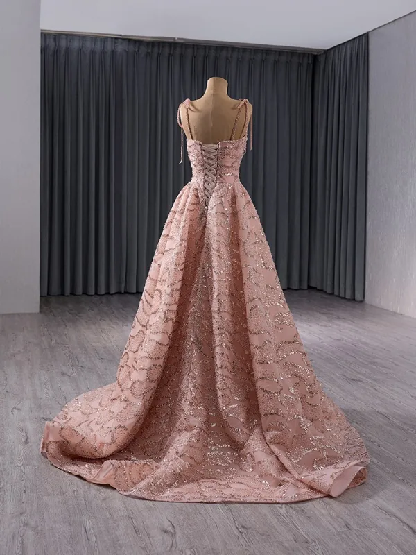 Haut de Gamme Rougissant Rose Fait main Perlage Paillettes Robe De Bal 2024 Princesse Bretelles Spaghetti Sans Manches Dos Nu Train De Balayage Promo Robe De Ceremonie
