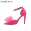 Classy Champagne Bow Prom Womens Shoes 2022 Ankle Strap 10 cm Stiletto Heels Pointed Toe Womens Shoes High Heels