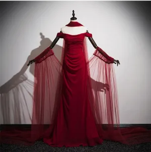 Charmant Bordeaux Avec Châle Robe De Soirée 2025 Trompette Sirène De L Épaule Sans Manches Dos Nu Train De Balayage Robe De Ceremonie