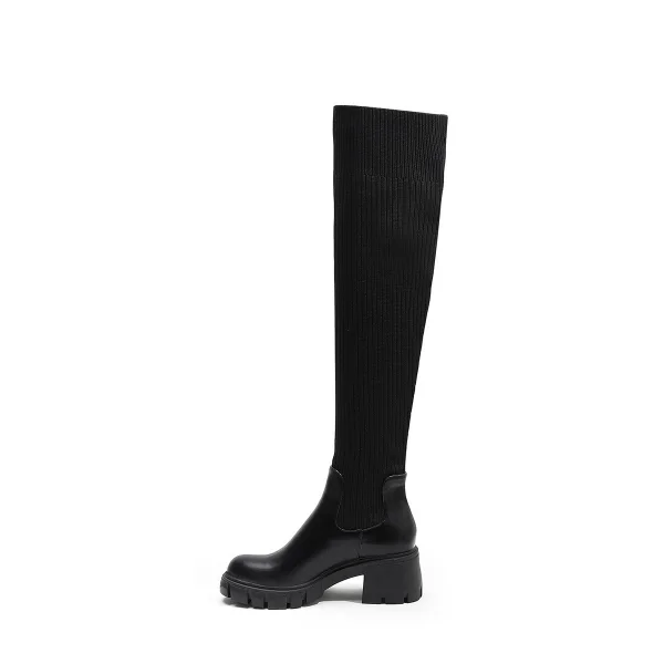Fashion Brown Fall Winter Street Wear Sock Boots 2023 6 cm Thick Heels Round Toe Womens Boots