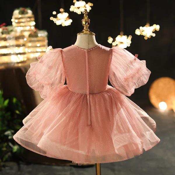 Chic / Beautiful Pearl Pink Beading Pearl Sequins Birthday Flower Girl Dresses 2022 Ball Gown Scoop Neck Puffy Short Sleeve Floor-Length / Long Flower Girl Dresses
