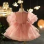 Chic / Beautiful Pearl Pink Beading Pearl Sequins Birthday Flower Girl Dresses 2022 Ball Gown Scoop Neck Puffy Short Sleeve Floor-Length / Long Flower Girl Dresses