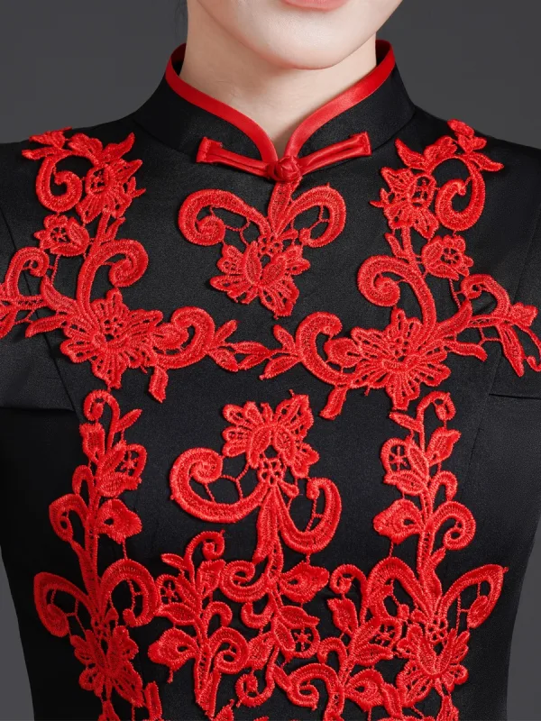 Chinese style Black Lace Flower Cheongsam Evening Dresses 2025 Trumpet / Mermaid High Neck 1/2 Sleeves Sweep Train Evening Party Cheongsam / Qipao