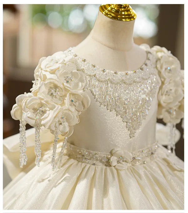 Vintage / Retro Ivory Beading Rhinestone Appliques Bow Birthday Flower Girl Dresses 2025 Ball Gown Scoop Neck Short Sleeve Floor-Length / Long
