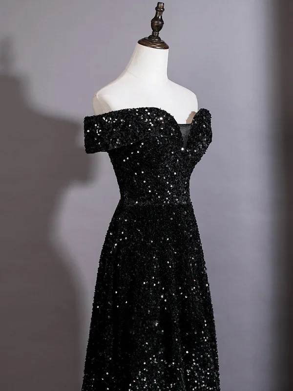 Dazzling Black Sequins Evening Dresses 2026 A-Line / Princess Off-The-Shoulder Short Sleeve Backless Sweep Train