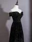 Dazzling Black Sequins Evening Dresses 2026 A-Line / Princess Off-The-Shoulder Short Sleeve Backless Sweep Train