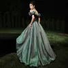 Fashion Green Prom Dresses 2024 A-Line / Princess Ruffle Off-The-Shoulder Sleeveless Backless Floor-Length / Long Prom Formal Dresses