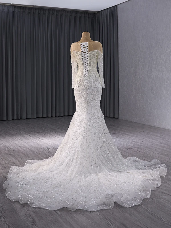Haut de Gamme Blanche Fait main Perle Paillettes Robe De Mariée 2024 Trompette / Sirène Encolure Dégagée Manches Longues Dos Nu Train De Balayage Mariage