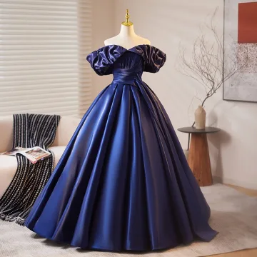 Vintage Originale Bleu Marine Satin Robe De Bal 2025 Robe Boule De L Épaule Manches Courtes Dos Nu Longue Promo Robe De Ceremonie