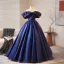 Vintage / Retro Navy Blue Satin Prom Dresses 2025 Ball Gown Off-The-Shoulder Short Sleeve Backless Floor-Length / Long Prom Formal Dresses