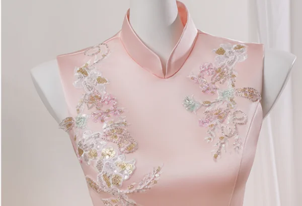 Chinese style Blushing Pink Beading Lace Flower Prom Dresses 2026 A-Line / Princess Floor-Length / Long Polyester High Neck Prom Sleeveless Formal Dresses