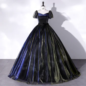 Elegante Donkerblauwe Galajurken 2022 Baljurk Vierkante Halslijn Korte Mouwen Ruglooze Strik Lange Gala Gelegenheid Jurken