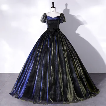 Élégant Bleu Marine Robe De Bal 2022 Robe Boule Encolure Carrée Manches Courtes Dos Nu Noeud Longue Promo Robe De Ceremonie