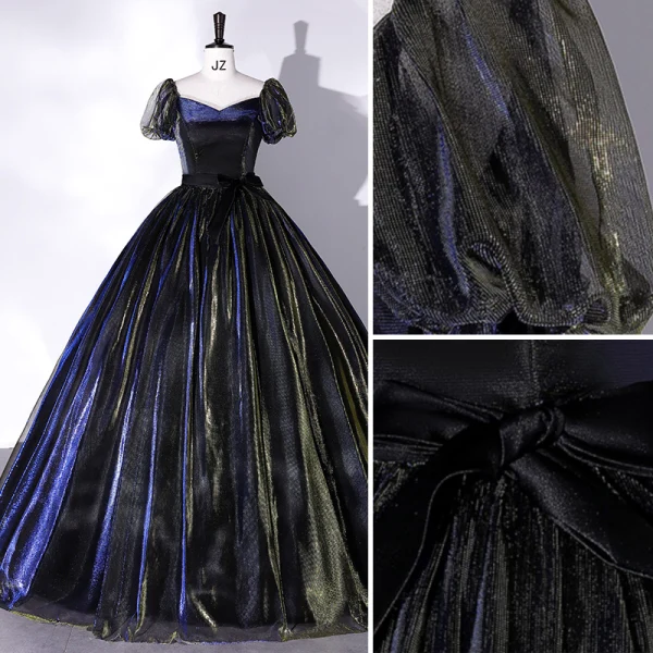 Élégant Bleu Marine Robe De Bal 2022 Robe Boule Encolure Carrée Manches Courtes Dos Nu Noeud Longue Promo Robe De Ceremonie