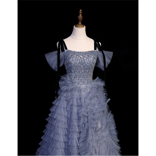 Sexy Ocean Blue Cascading Ruffles Beading Sequins Prom Dresses 2023 A-Line / Princess Off-The-Shoulder Short Sleeve Backless Floor-Length / Long Flower Girl Dresses
