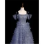 Sexy Ocean Blue Cascading Ruffles Beading Sequins Prom Dresses 2023 A-Line / Princess Off-The-Shoulder Short Sleeve Backless Floor-Length / Long Flower Girl Dresses
