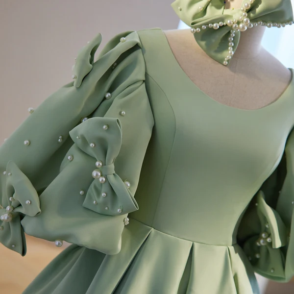 Elegant Sage Green Satin Prom Dresses 2023 A-Line / Princess Scoop Neck Puffy Short Sleeve Pearl Bow Floor-Length / Long Prom Formal Dresses