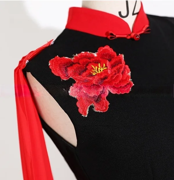 Chinese style Black Lace Flower Evening Party Cheongsam 2025 Trumpet / Mermaid High Neck Sleeveless Floor-Length / Long