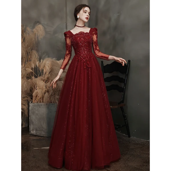 mother of the bride burgundy dress Floral-Beaded Long Prom Dress with Strappy Open Back– PromGirl main image 0