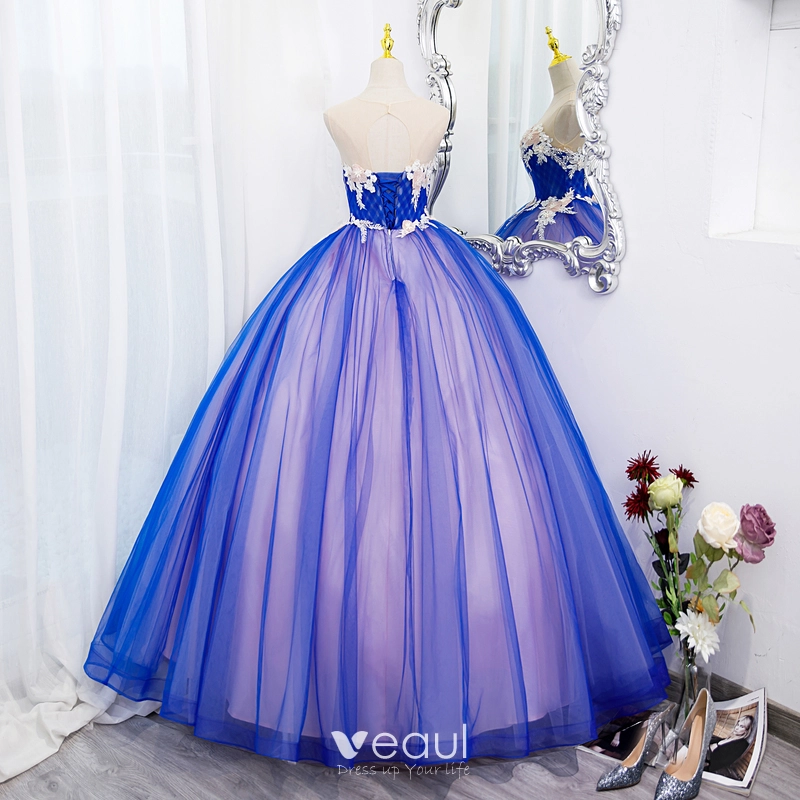 Elegant Royal Blue Appliques Lace Flower Prom Dresses Ball Gown 2022 Scoop  Neck Sleeveless Backless Floor Length Long Prom Formal Dresses