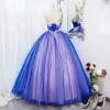 Elegant Royal Blue Appliques Lace Flower Prom Dresses Ball Gown 2022 Scoop Neck Sleeveless Backless Floor-Length / Long Prom Formal Dresses