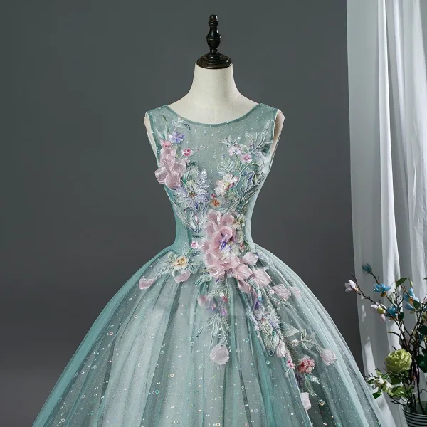 Vintage / Retro Mint Green Beading Appliques Prom Dresses 2026 Ball Gown Scoop Neck Sleeveless Backless Floor-Length / Long Formal Dresses