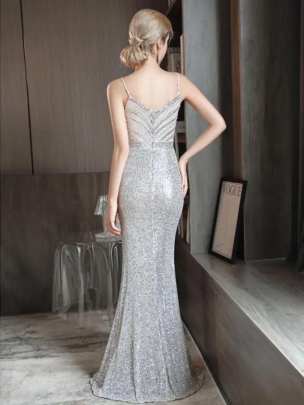 Sexy Glitzernden Silber Pailletten Abendkleider 2022 Spaghettiträger Meerjungfrau Ärmellos Rückenfreies Lange Abend Festliche Kleider