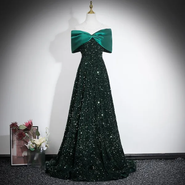 Sparkly Black Gold Sequins Evening Dresses 2026 A-Line / Princess Off-The-Shoulder Short Sleeve Backless