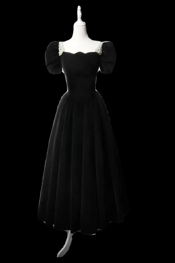 Vintage / Retro Black Velvet Homecoming Graduation Dresses 2024 A-Line / Princess Square Neckline Pearl Puffy Short Sleeve Backless Tea-length Formal Dresses