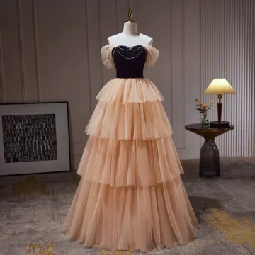 Chic Belle Champagne Volants En Cascade Robe De Bal 2023 Princesse De L Épaule Faux Diamant Sans Manches Dos Nu Longue Promo Robe De Ceremonie
