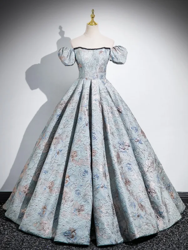 Vintage / Retro Sky Blue Printing Prom Dresses 2024 Ball Gown Square Neckline Puffy Short Sleeve Backless Floor-Length / Long Prom Formal Dresses