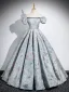 Vintage / Retro Sky Blue Printing Prom Dresses 2024 Ball Gown Square Neckline Puffy Short Sleeve Backless Floor-Length / Long Prom Formal Dresses