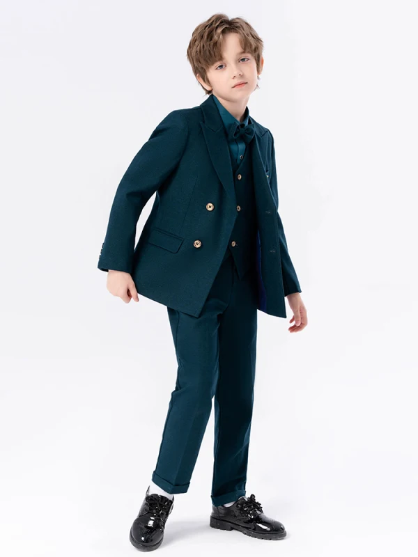 Navy Blue 5-piece Long Sleeve Polyester Boys Wedding Suits 2024 Coat Pants Shirt Tie Vest