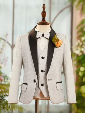 Fall Winter Silver Glitter 6 Piece Long Sleeve Boys Wedding Suits 2025 Body Jewellery Coat Pants Shirt Tie Vest