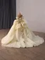 Luxury / Gorgeous Champagne Beading Sequins Wedding Dresses 2026 Ball Gown Off-The-Shoulder Short Sleeve Backless Bow Chapel Train
