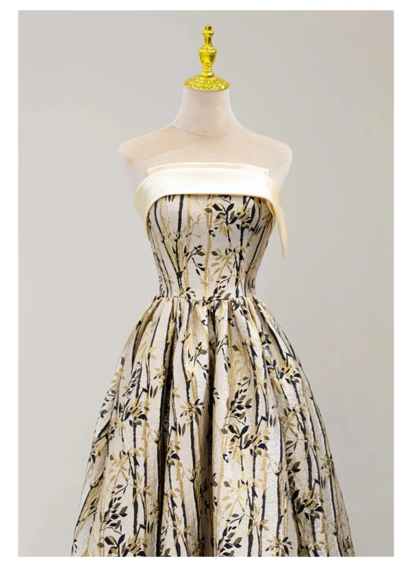 Chinese style Champagne Printing Prom Dresses 2024 A-Line / Princess Strapless Sleeveless Backless Floor-Length / Long Prom Formal Dresses