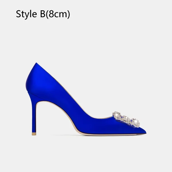 Elegant Royal Blue Satin Rhinestone Prom Pumps 2024 10 cm Stiletto Heels Pointed Toe Pumps High Heels