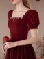 Elegant Burgundy Velvet Prom Dresses 2023 A-Line / Princess Rhinestone Square Neckline Short Sleeve Backless Floor-Length / Long Prom Formal Dresses