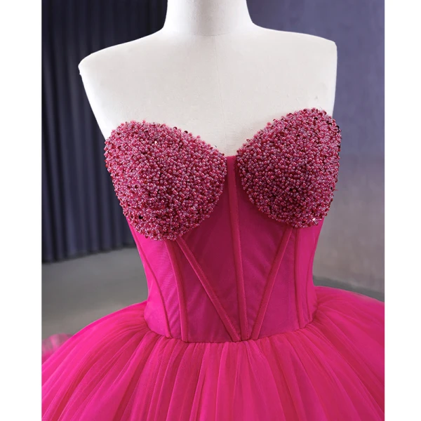 High-end Fuchsia Beading Pearl Sequins Cascading Ruffles Prom Dresses 2023 Ball Gown Strapless Corset Sleeveless Backless Chapel Train Prom Formal Dresses
