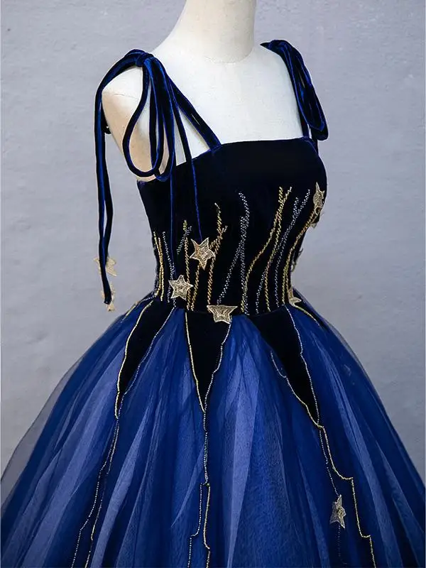 Élégant Bleu Roi Étoile Paillettes Robe De Bal 2025 Robe Boule Bretelles Spaghetti Sans Manches Dos Nu Longue Promo Robe De Ceremonie