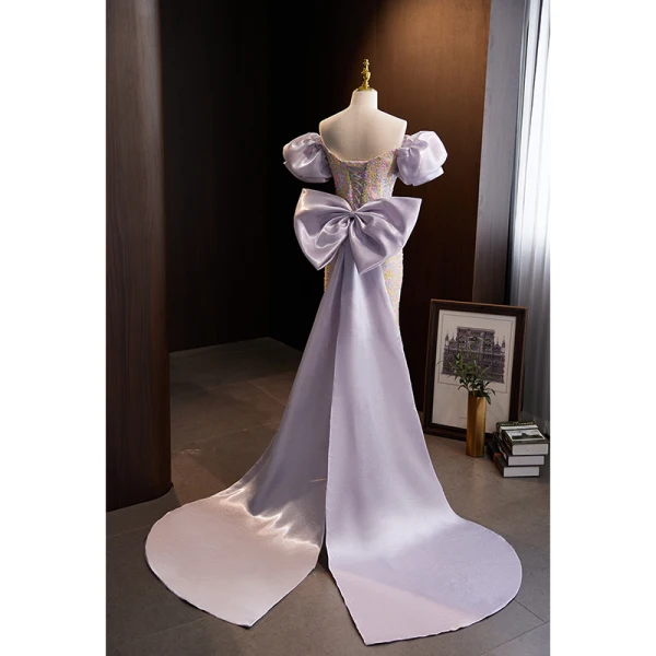 Mode Lavande Paillettes Robe De Soirée 2023 Trompette / Sirène De l'épaule Manches Courtes Dos Nu Noeud Train De Balayage Promo Robe De Ceremonie