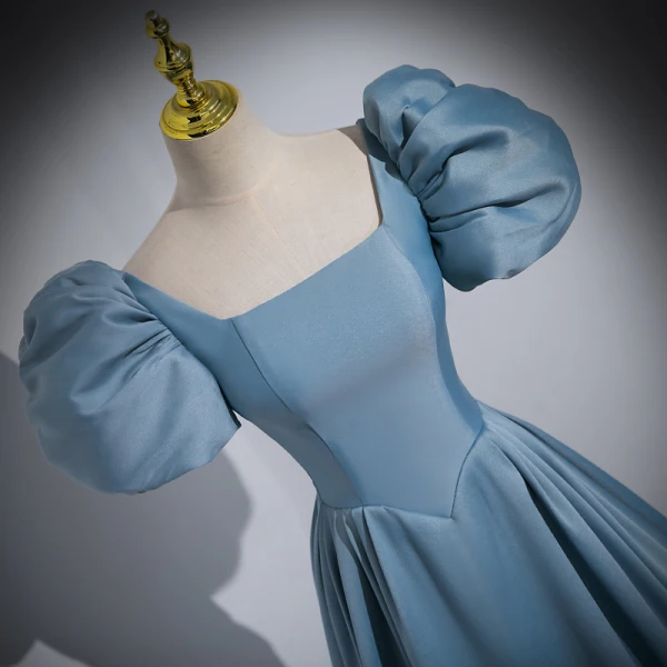 Elegant Pool Blue Satin Prom Dresses 2023 Ball Gown Square Neckline Puffy Short Sleeve Backless Floor-Length / Long Prom Formal Dresses