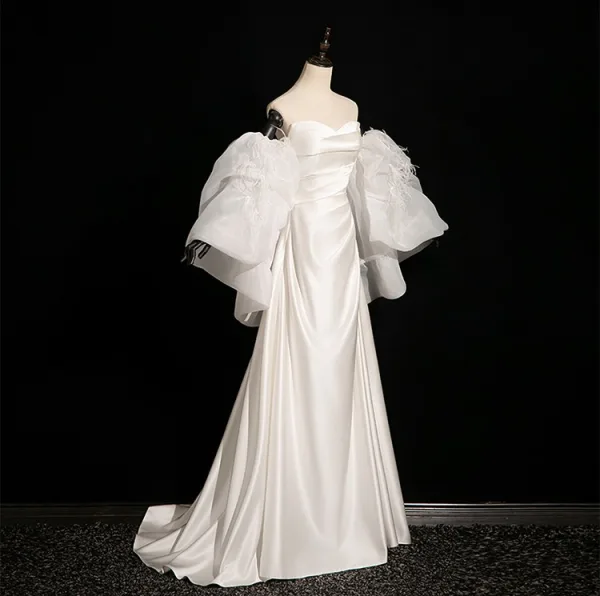 Fashion White Satin Tassel Wedding Dresses 2024 Trumpet / Mermaid Strapless Short Sleeve Backless Sweep Train Wedding