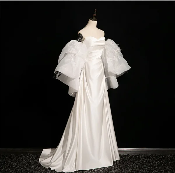 Fashion White Trumpet / Mermaid Wedding Dresses 2024 Strapless Puffy Short Sleeve Backless Sweep Train Wedding