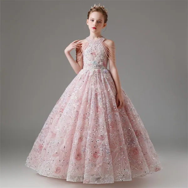 Charming Blushing Pink Beading Tassel Sequins Lace Flower Floor-Length / Long Birthday Flower Girl Dresses 2024 Ball Gown Scoop Neck Sleeveless Tulle