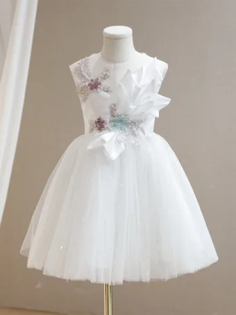 Chic Belle Blanche Courte Perlage Appliques Paillettes Anniversaire Robe Ceremonie Fille 2024 Robe Boule Encolure Dégagée Sans Manches Tulle