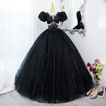 Élégant Noire Perle Faux Diamant Paillettes Robe De Bal Longue 2022 Robe Boule Encolure Dégagée Gonflée Manches Courtes Dos Nu Promo Robe De Ceremonie
