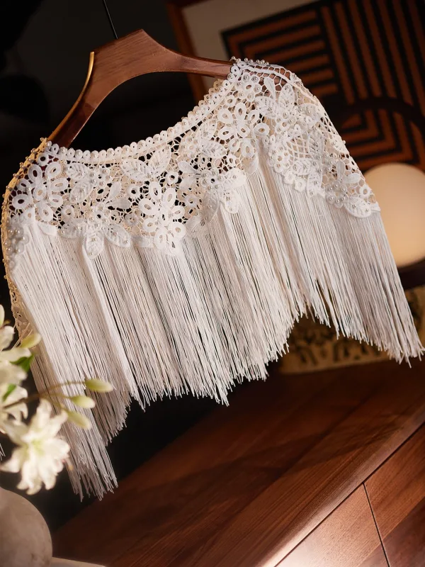 Vintage / Retro White Handmade Pearl Lace Flower Tassel shawl 2025 Scoop Neck