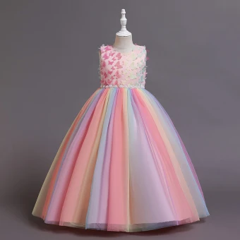 Chic Beautiful Blushing Pink Butterfly Appliques Rainbow Birthday Flower Girl Dresses 2024 Ball Gown Scoop Neck Sleeveless Bow Sash Floor Length Long