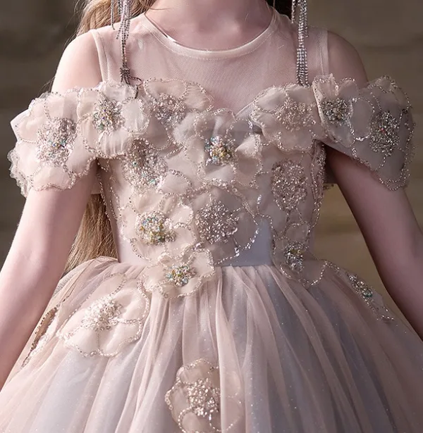 Élégant Rougissant Rose Perlage Appliques Anniversaire Robe Ceremonie Fille 2025 Robe Boule Encolure Dégagée Manches Courtes Dos Nu Noeud Longue